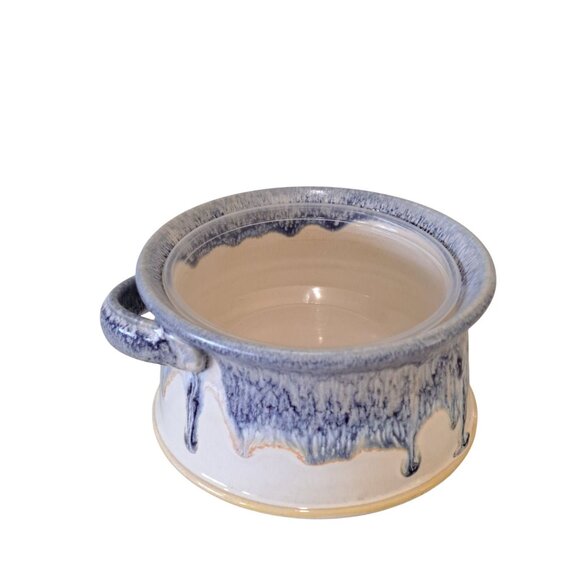 Signed Studio Art Pottery Knife Bowl For Dips & Spreads Blue & White Drip Glaze - Picture 1 of 10